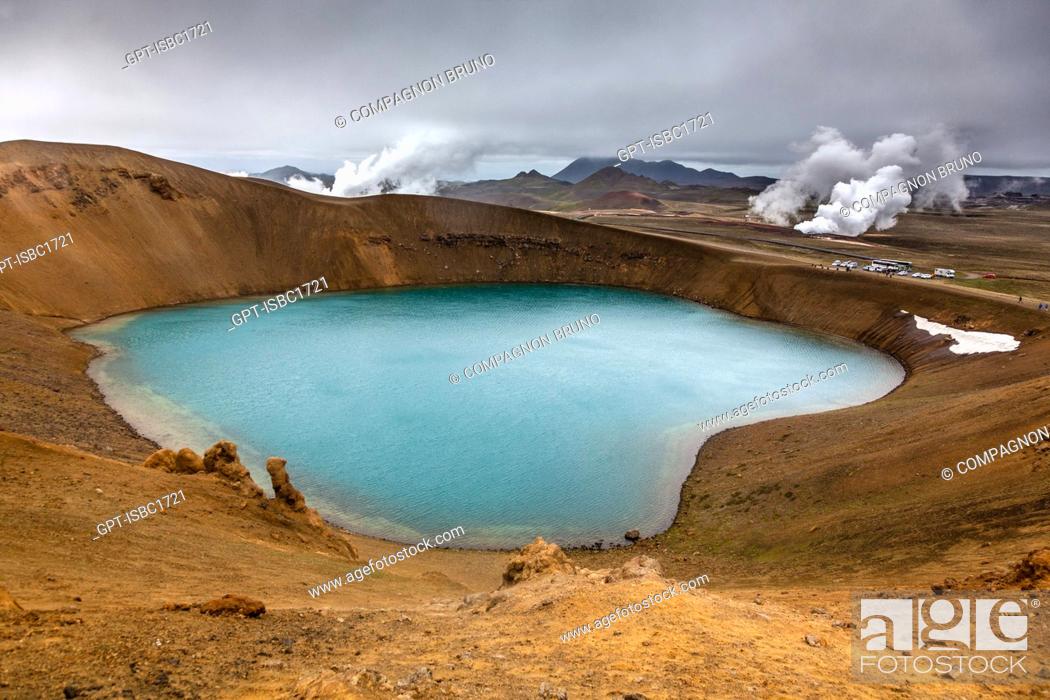 Stock Photo: VIEW OF THE VITI CRATER NEAR THE GEOTHERMAL ENERGY PLANT, GEOTHERMAL ZONE OF NAMAFJALL WITH COLORFUL VOLCANIC DEPOSITS, A VERITABLE MAZE OF SOLFATARA AND.