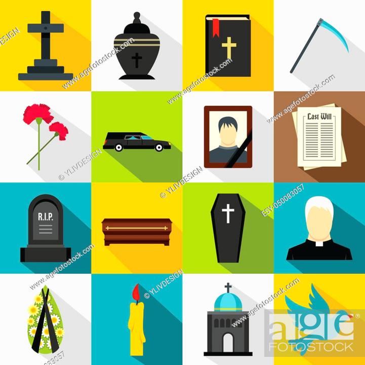 Stock Photo: Funeral icons set. Flat illustration of 16 funeral icons for web.