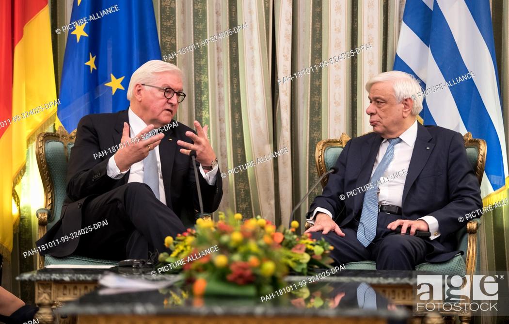 Stock Photo: 11 October 2018, Greece, Athens: Federal President Frank-Walter Steinmeier (l) and Prokopis Pavlopoulos, President of Greece.