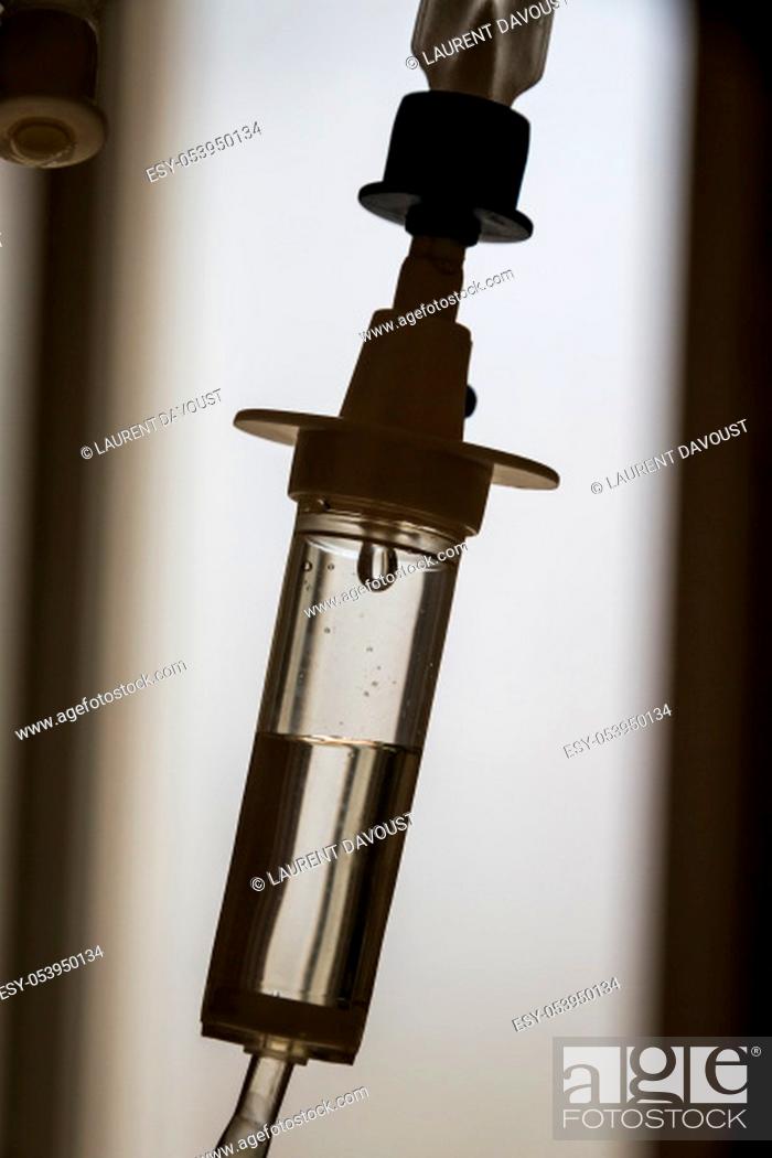 Stock Photo: Closeup view of intravenous infusion drip equipment in hospital.