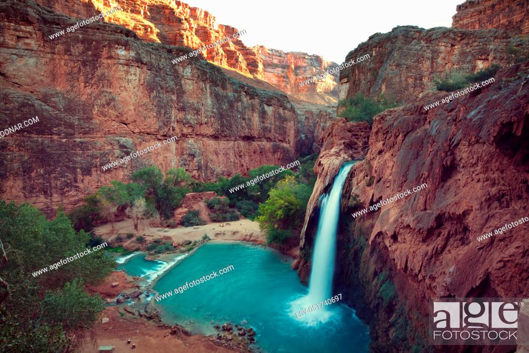 Stock Photo: Hawasu waterfall in the Havasupai Reservation in Supai, Arizona in the Southwest corner of the Grand Canyon.