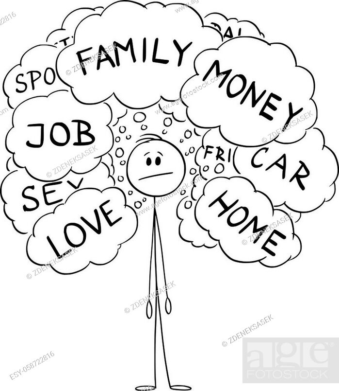 Vector cartoon stick figure illustration of man thinking about problems of  his life like home, sex, Stock Vector, Vector And Low Budget Royalty Free  Image. Pic. ESY-058722816 | agefotostock