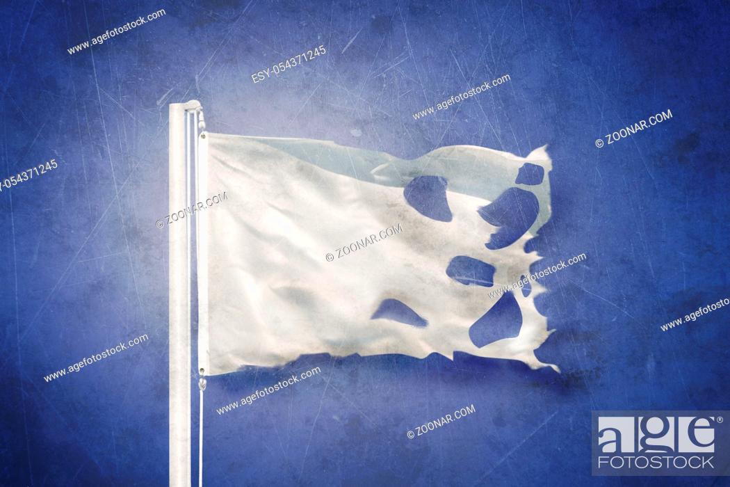 Stock Photo: Torn White flag flying against grunge background.