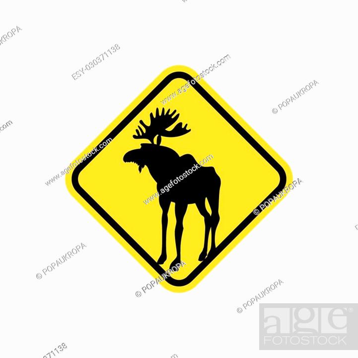 Stock Vector: Road sign yellow deer, Moose. Vector pointer Attention animal. Wild animal may be on road.