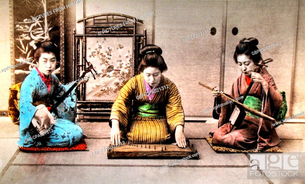 Stock Photo: Japan: Three female sankyoku musicians playing samisen (left), yokin (centre) and kokin (right). Hand-coloured albumen print c. 1900.