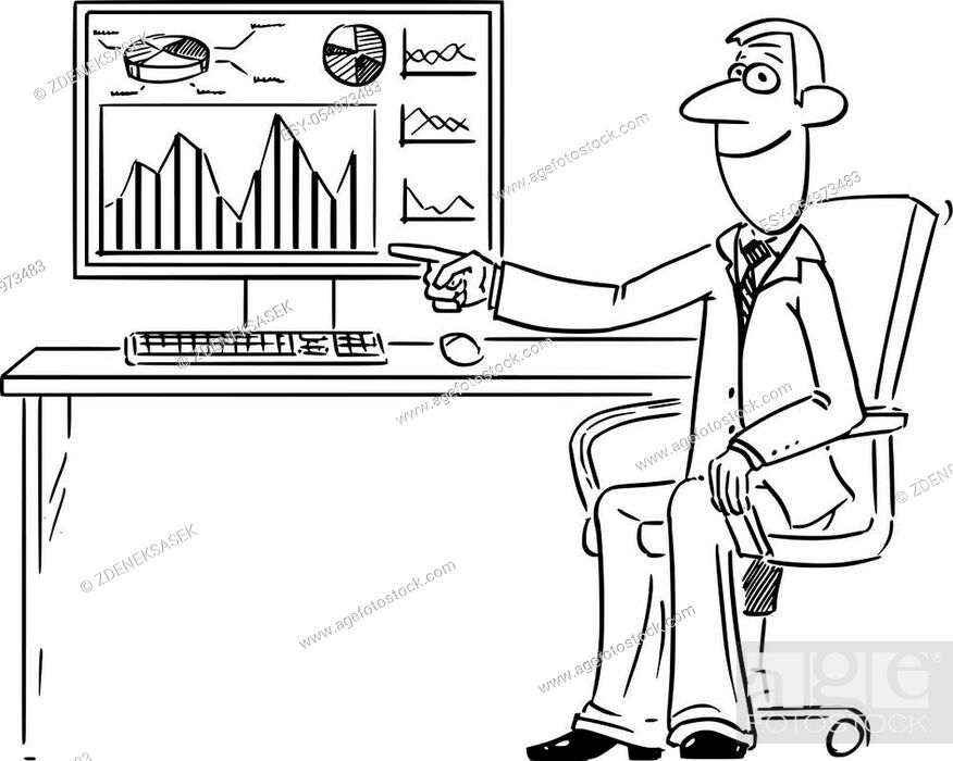 Vector funny comic cartoon drawing of businessman or man working in office  on computer and pointing..., Stock Vector, Vector And Low Budget Royalty  Free Image. Pic. ESY-054973483 | agefotostock