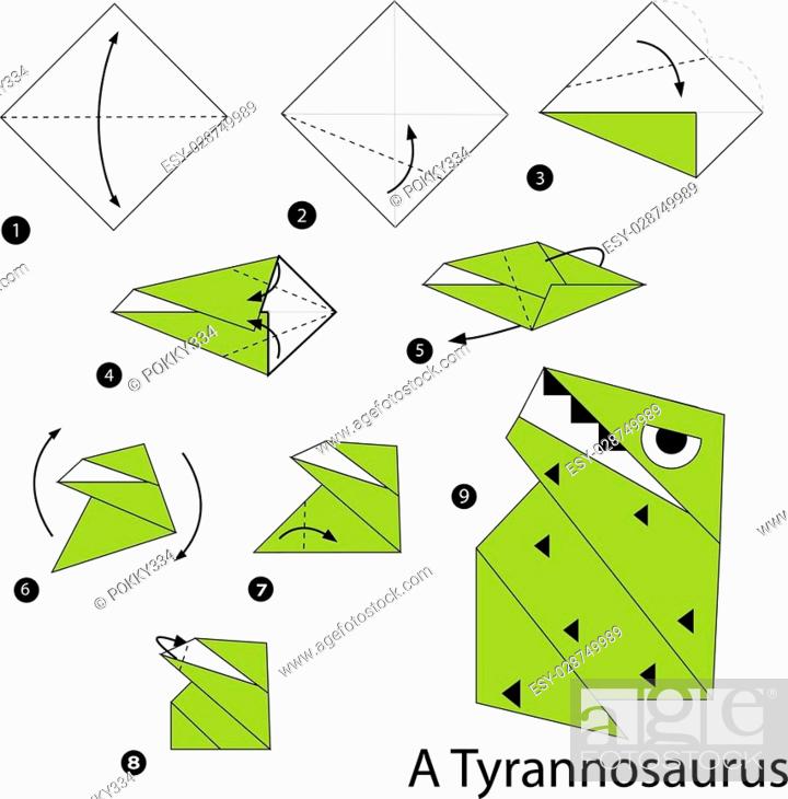 step by step instructions how to make an origami a dinosaur, Foto de Stock,  Vector Low Budget Royalty Free. Pic. ESY-028749989 | agefotostock