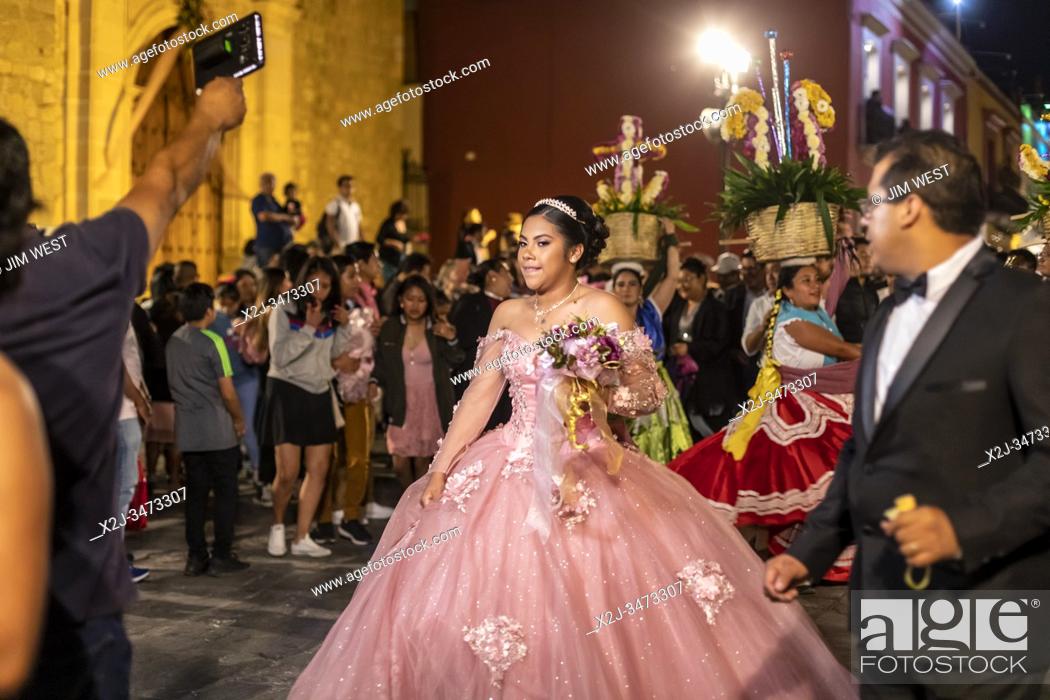 Oaxaca, Mexico - A quinceañera, or a girl's 15th birthday, is celebrated on the streets of Oaxaca, Stock Photo, Picture And Rights Managed Image. Pic. X2J-3473307