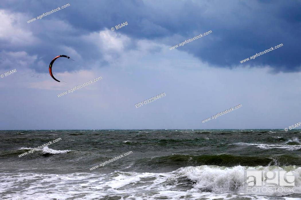 Stock Photo: Power kite and storm sky at windy day.