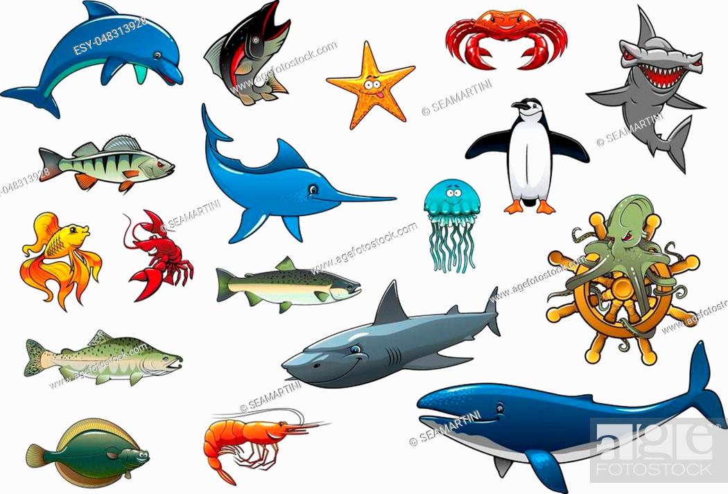 Fish and sea animals creatures of cartoon dolphin, tuna, star fish, lobster  crab and shrimp, Stock Vector, Vector And Low Budget Royalty Free Image.  Pic. ESY-048313928 | agefotostock