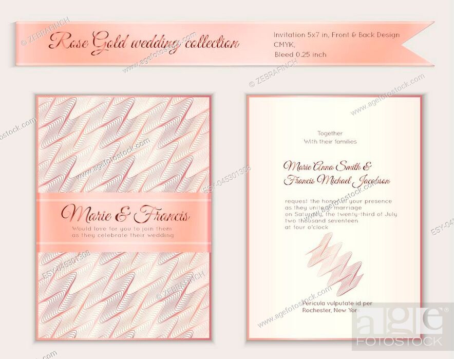 Stock Vector: Luxury wedding invitation template with rose gold shiny realistic ribbon. Back and front 5x7 card layout with pink golden pattern on white. Isolated.