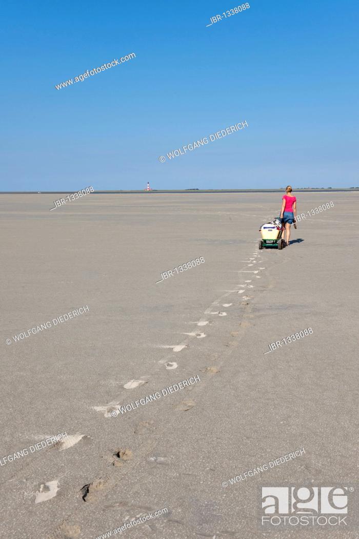 Photo de stock: Young woman, 20-25 years, pulling a wagon with luggage across the sandy beach of St Peter Ording, North Sea, North Friesland, Schleswig-Holstein.