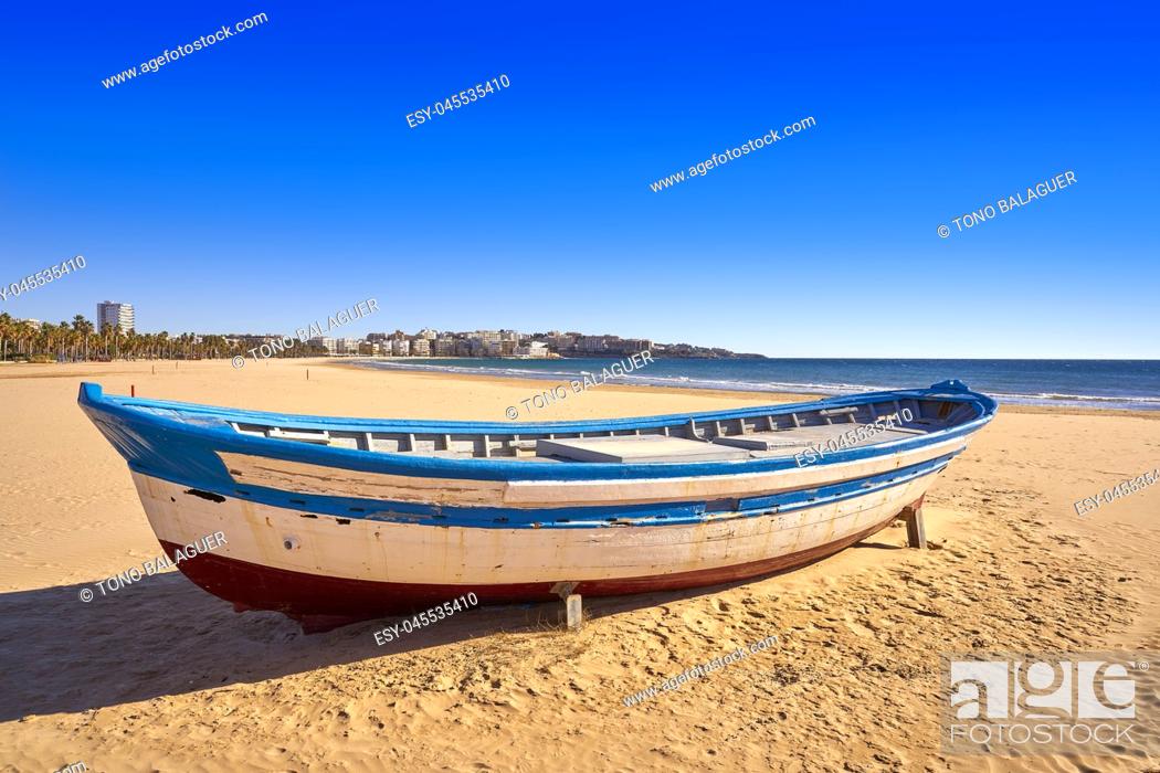 Stock Photo: Salou beach Llevant boats Levante platja in Tarragona of Catalonia.