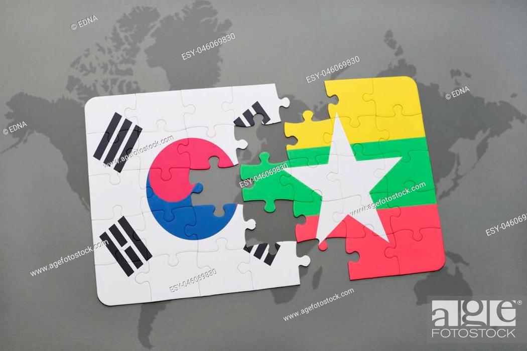 Stock Photo: puzzle with the national flag of south korea and myanmar on a world map background. 3D illustration.