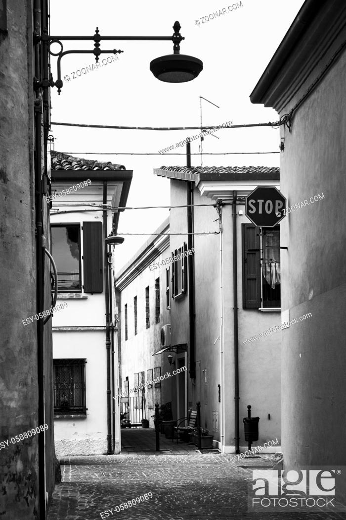 Stock Photo: Old streets in San Giovanni in Marignano, Emilia-Romagna, Italy. Black and white photography, cityscape.
