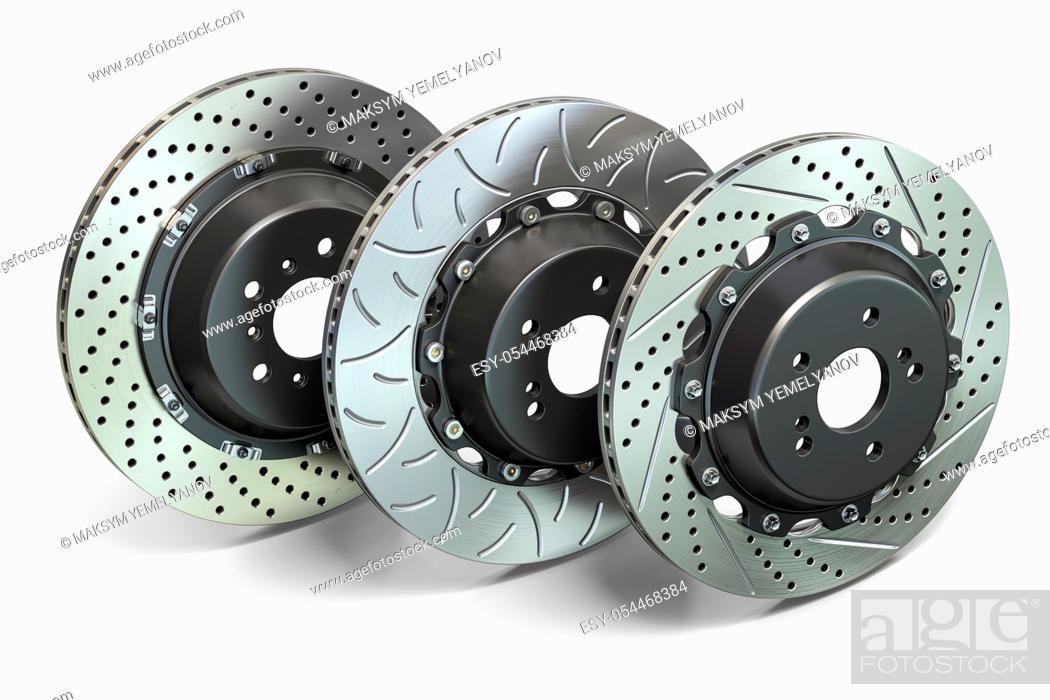 Stock Photo: Drilled and slotted brake disks in a row. Different types of brake disks. 3d illustration.