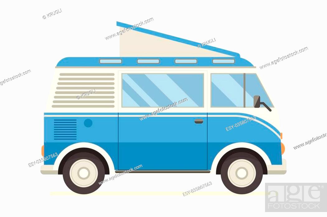 Vintage blue travel bus. Camper cartoon van. Tourist coach in flat design  with surf board, Stock Vector, Vector And Low Budget Royalty Free Image.  Pic. ESY-035807563 | agefotostock