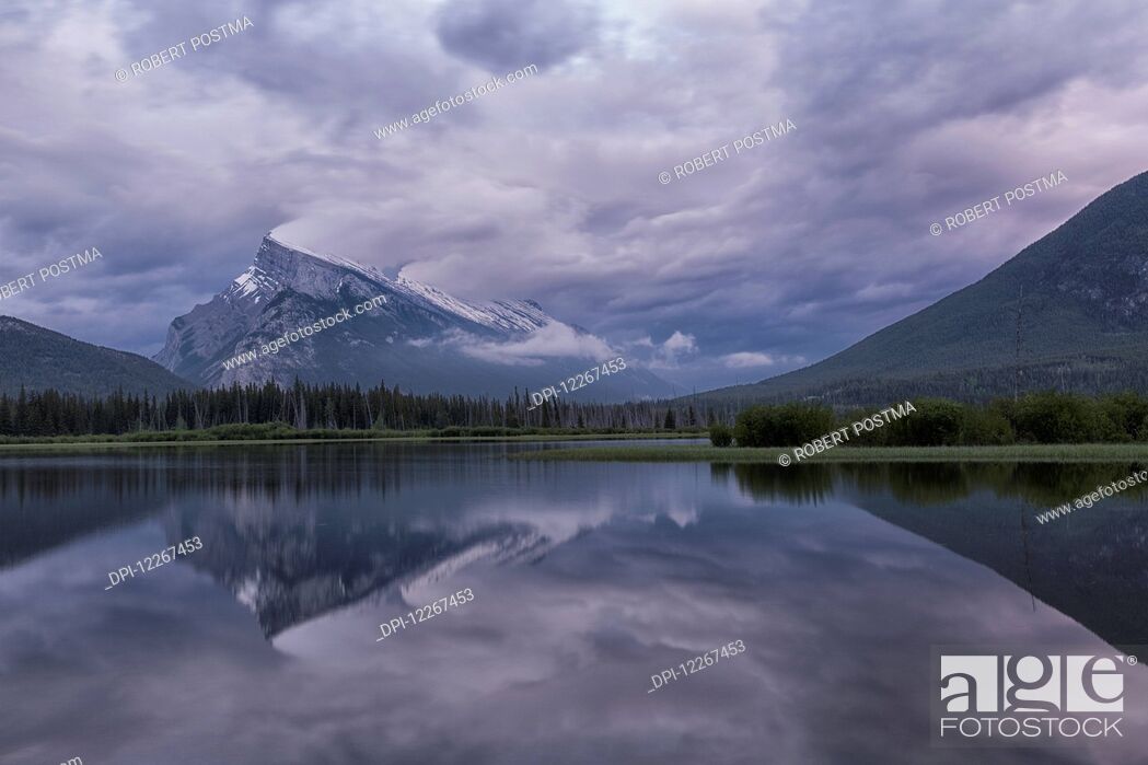 Stock Photo: Storm clouds over Mount Rundle and the Vermillion Lakes, Banff National Park; Alberta, Canada.