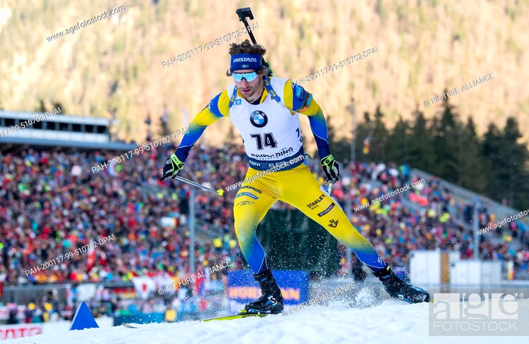 Stock Photo: 16 January 2020, Bavaria, Ruhpolding: Biathlon: World Cup, sprint 10 km, men in the Chiemgau Arena. Peppe Femling from Sweden in action.