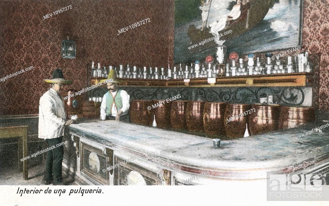 Stock Photo: Interior of a pulque bar or pulqueria, Mexico City, Mexico, with barman and customer. Pulque is an alcoholic drink made from the fermented sap of the maguey.
