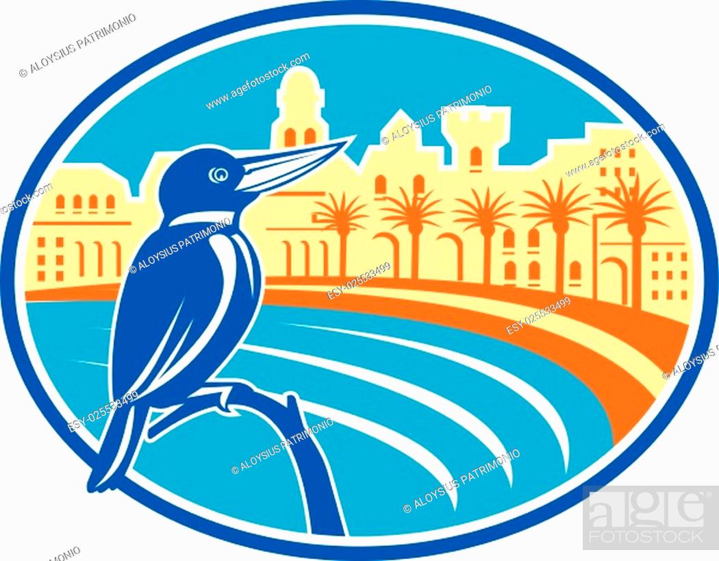 Stock Vector: Illustration of a kingfisher bird perched on a branch set inside oval shape with mediterranean coast, buildings and palm trees in the background done in retro.