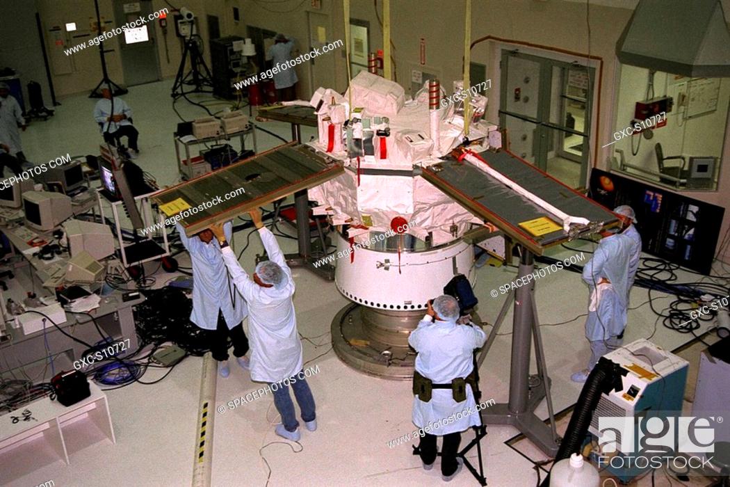 Stock Photo: 08/11/1997 --- Extension of the solar panels is tested on the Advanced Composition Explorer ACE spacecraft in KSC’s Spacecraft Assembly and Encapsulation.