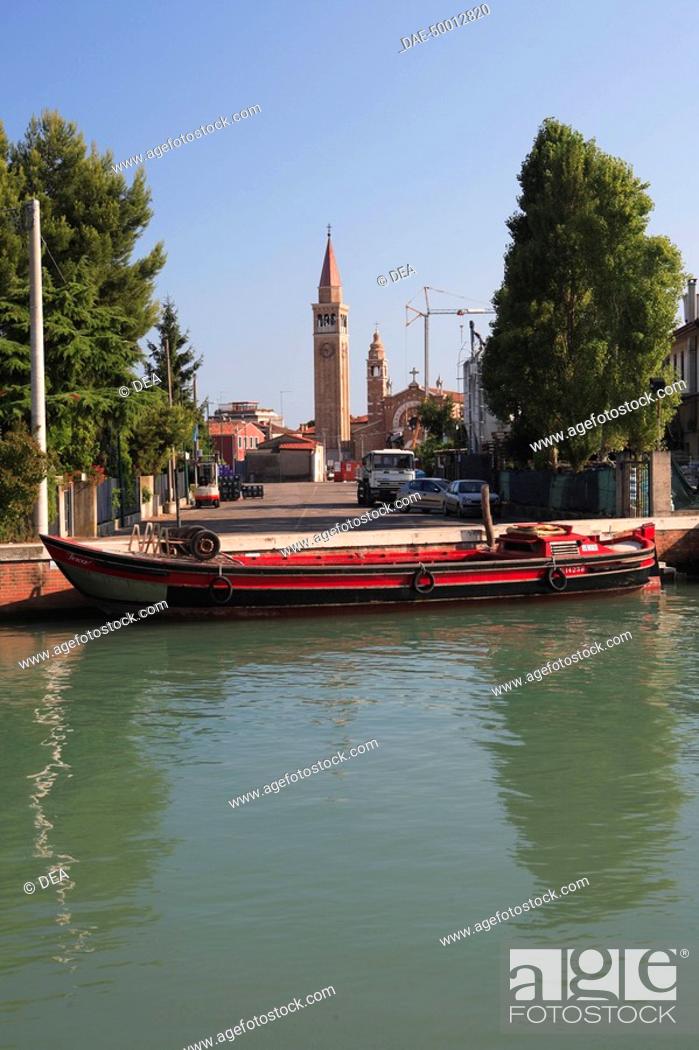 Stock Photo: Italy - Veneto Region - Venice Province - Cavallino-Treporti - Portosecco island. Barge at canal moorings.