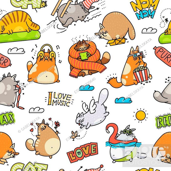 Funny cartoon cat drawings - seamless pattern isolated on white background,  Stock Vector, Vector And Low Budget Royalty Free Image. Pic. ESY-056230640  | agefotostock