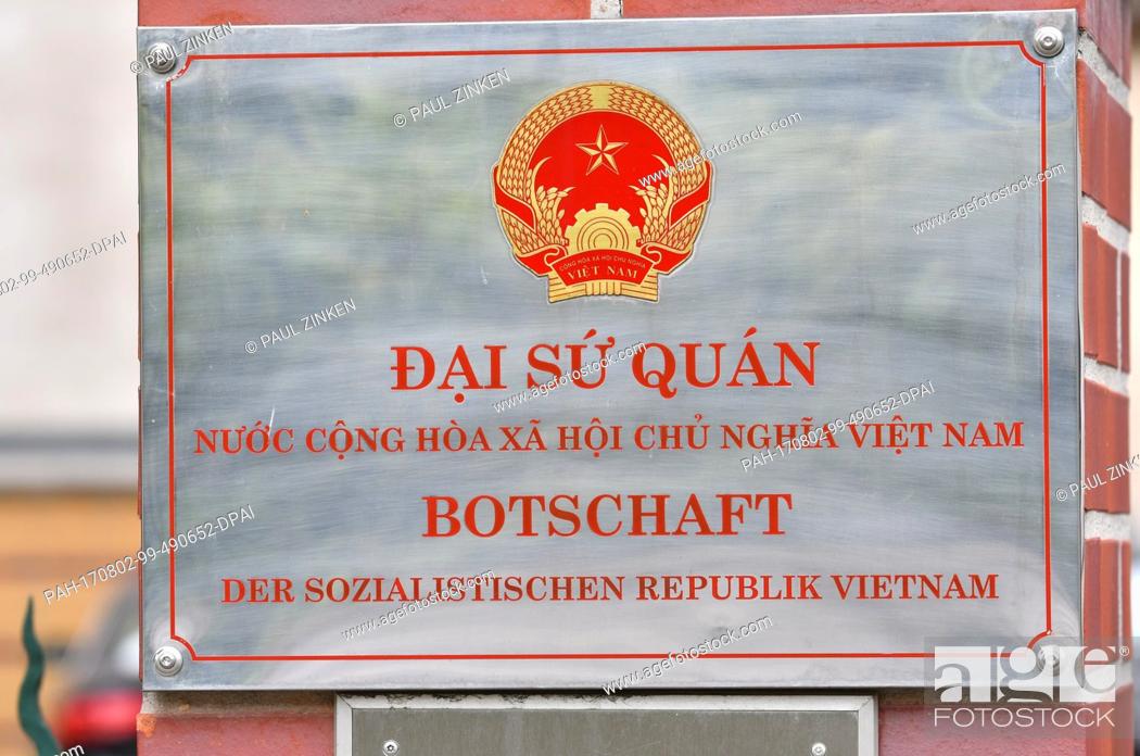 Stock Photo: A sign on the entrance to the Vietnamese embassy in Berlin, Germany, 2 August, 2017. According to information from the German Foreign Office.