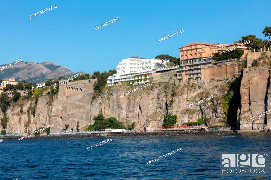 Stock Photo: View of houses and hotels on the cliffs in Sorrento. Gulf of Naples, Campania, Italy.