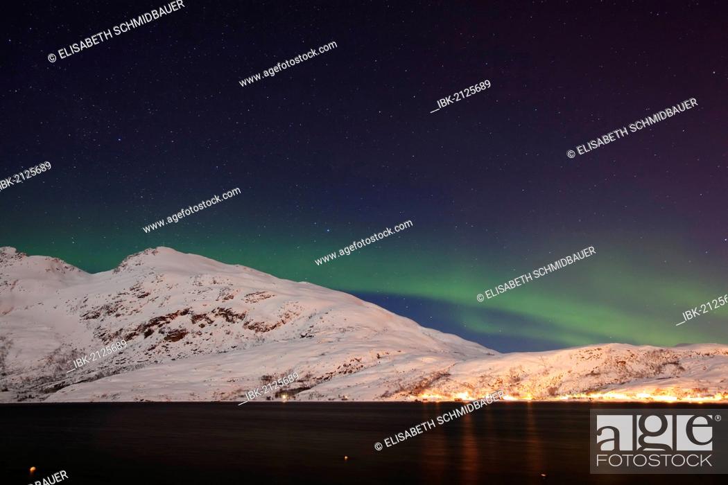 Stock Photo: Northern Lights over the Ersfjord, Kvaløya, Tromsø, Tromsoe, Norway, Europe.