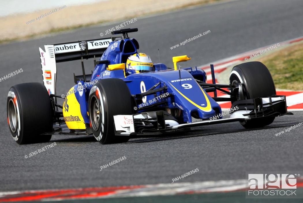 Stock Photo: Swedish Formula One driver Marcus Ericsson of Sauber steers the new car C35 during a training session for the upcoming Formula One season at the Circuit de.