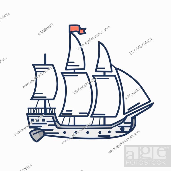 Old wooden ship with white sails and red flag isolated cartoon outline  vector illustration, Stock Vector, Vector And Low Budget Royalty Free  Image. Pic. ESY-045718454 | agefotostock