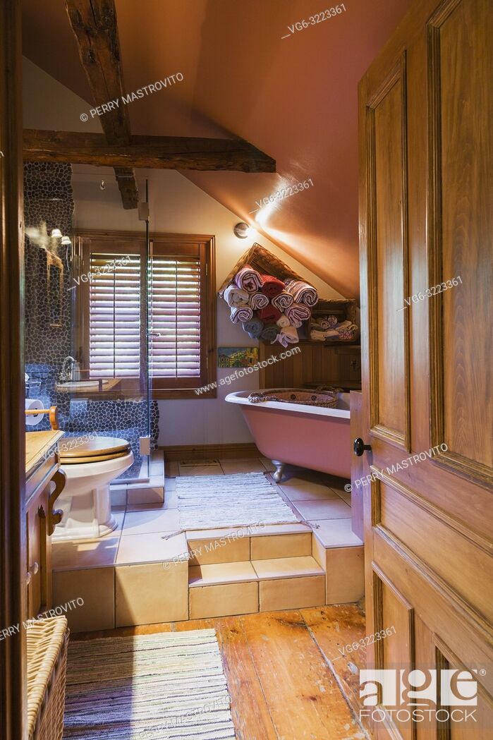 Main Bathroom With Toilet And Clawfoot Bathtub On Raised Ceramic