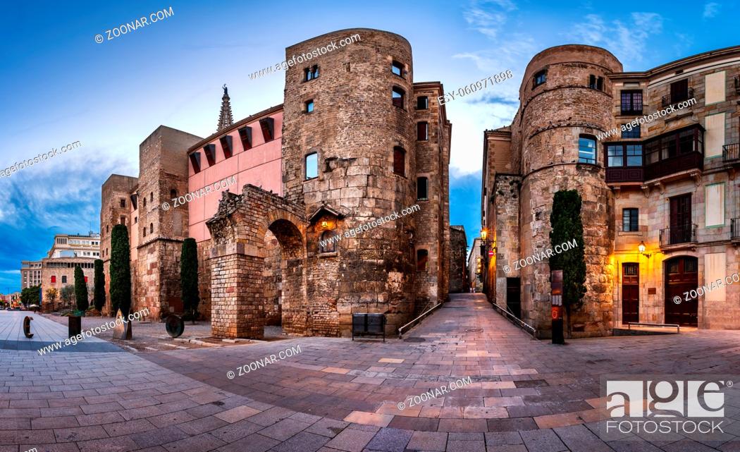 Stock Photo: Panorama of Ancient Roman Gate and Placa Nova in the Morning, Barri Gothic Quarter, Barcelona, Catalonia, Spain.
