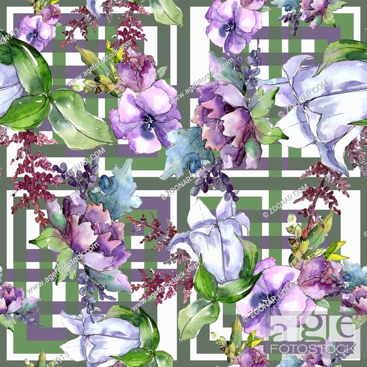 Stock Photo: Watercolor bouquet flowers. Floral botanical flower. Seamless background pattern. Full name of the plant: sunflower, peony, flax.