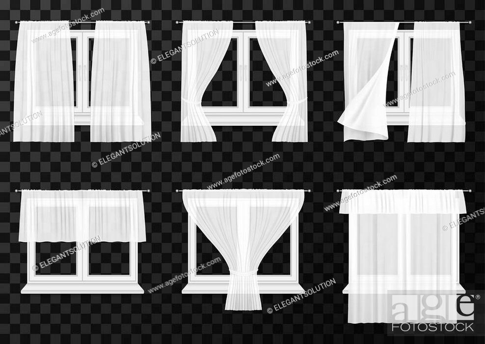 Stock Vector: White curtain drapes on window frames, vector realistic icons. Transparent fabric curtain with folds, closed, pen and waving on wind blow on modern plastic or.