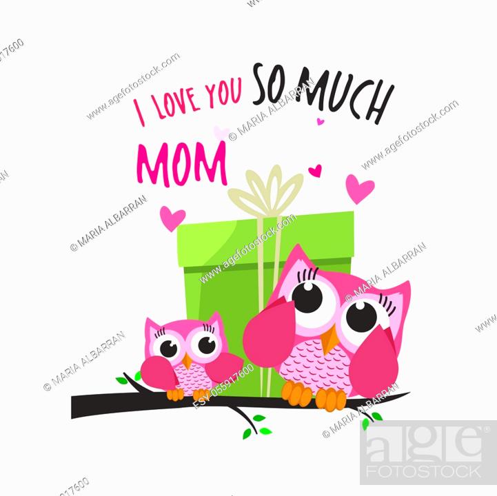 Vector: Mothers day owls. Giving a big gift. Vector illustration.