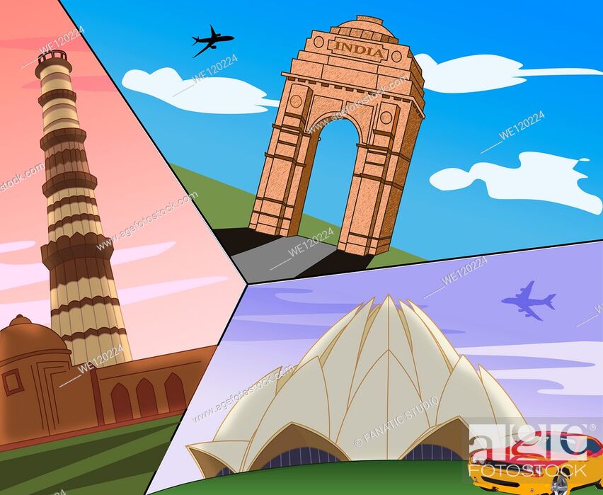 Montage of landmarks, India Gate, Qutub Minar, Lotus Temple, New Delhi,  India, Stock Photo, Picture And Royalty Free Image. Pic. WE120224 |  agefotostock