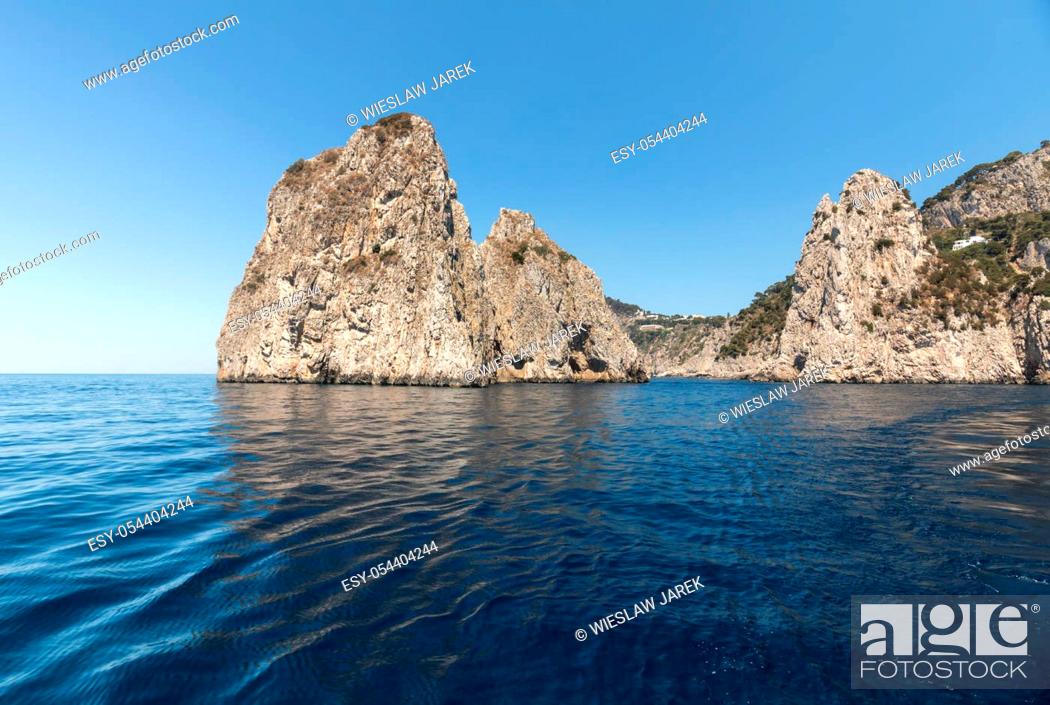 Stock Photo: Faraglioni Rocks on Capri Island, Italy. Rock's names left to left: Stella, Mezzo and Scopolo or Fuori.