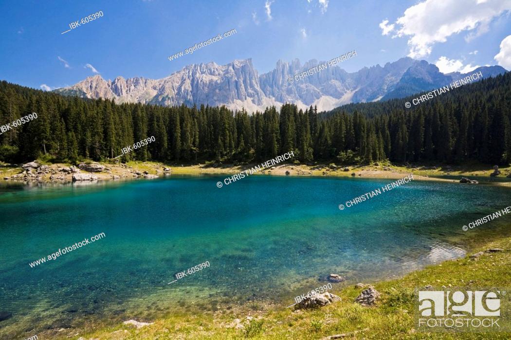 Stock Photo: Lake Karer, Karersee, Lago di Carezza, at the back Latemar Mountain range and Rosengarten, South Tyrol, Italy, Europe.