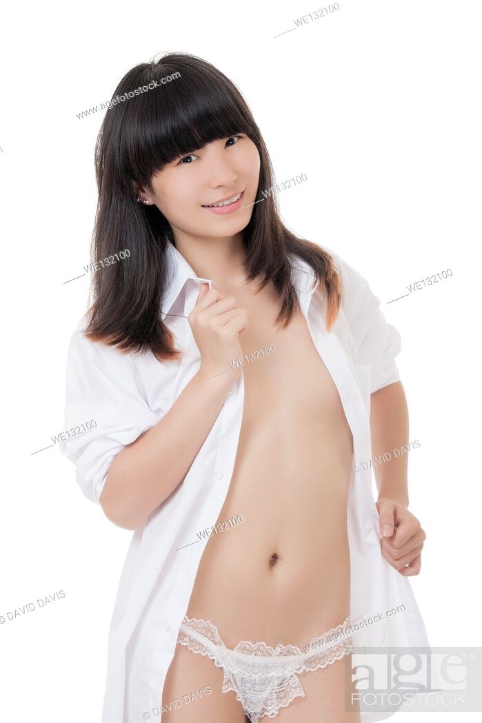 Beautiful and sexy Chinese wearing a white shirt isolated on a white background, Foto Imagen Royalty Free Pic. WE132100 | agefotostock