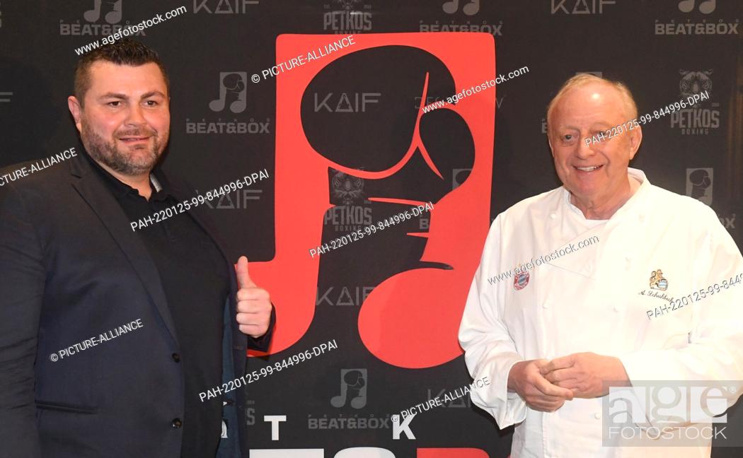 Stock Photo: 25 January 2022, Bavaria, Munich: Alexander Petkovic, promoter Petkos Boxing and chef Alfons Schuhbeck at a press conference in Schubeck's Südtiroler Stuben.
