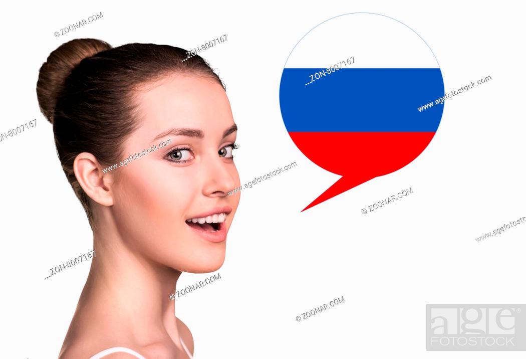 Imagen: Beautiful woman speak.Bubble with Russian flag. Isolated background.