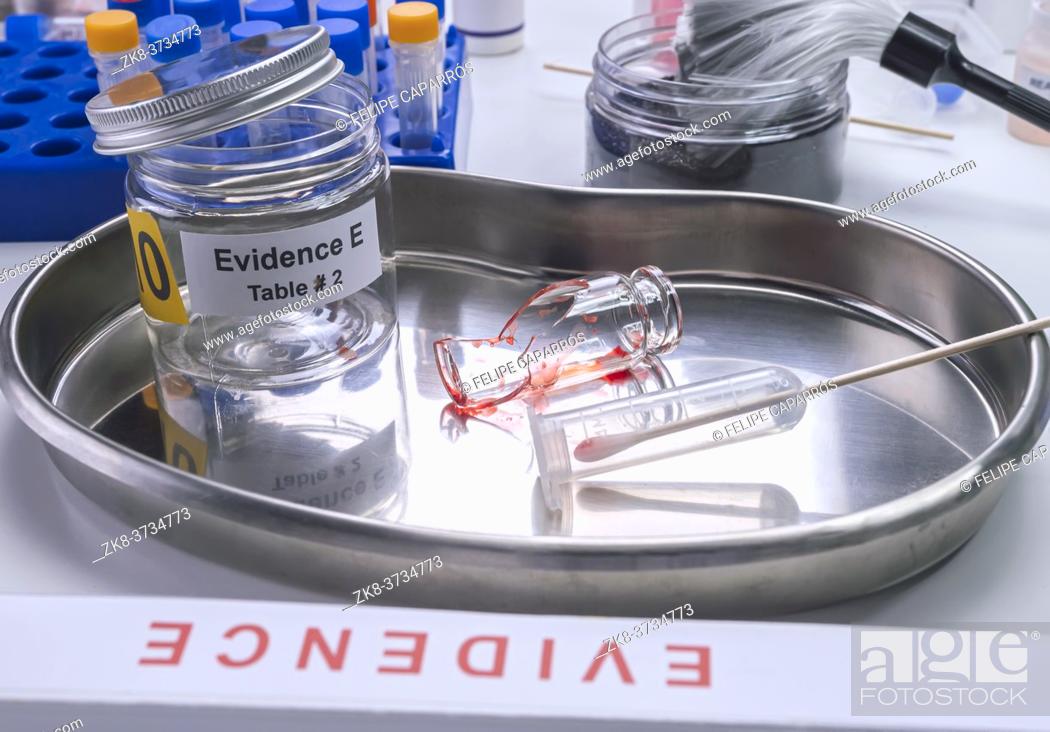Stock Photo: Police expert gets blood sample from a broken glass bottle in Criminalistic Lab, conceptual image.