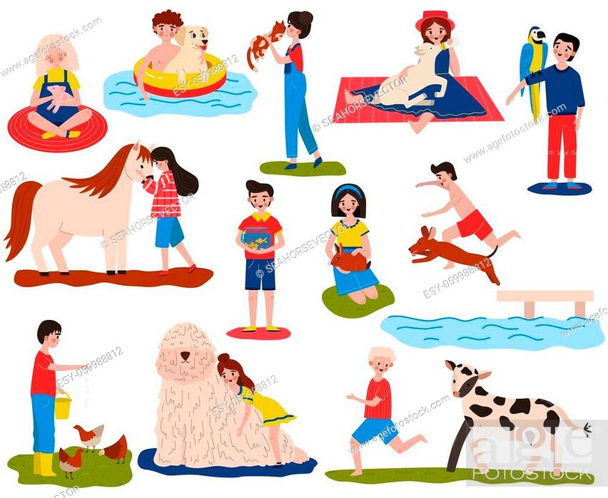 Children pet vector illustration set. Cartoon flat happy owner child  characters play with dog, hug, Stock Vector, Vector And Low Budget Royalty  Free Image. Pic. ESY-059988812 | agefotostock