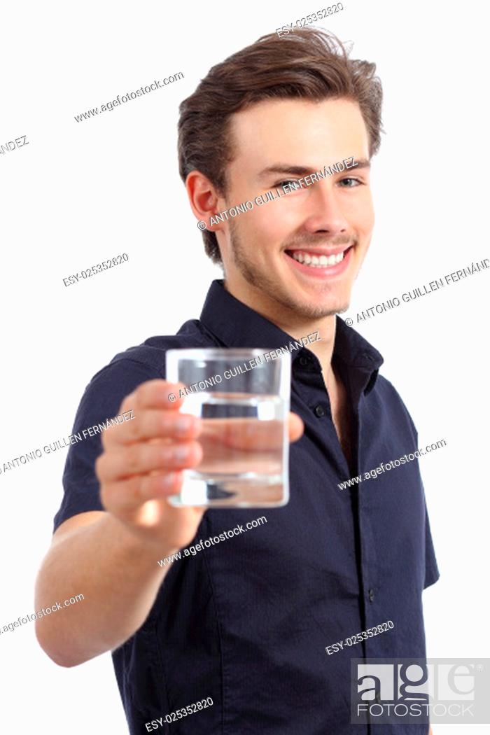 Stock Photo: Happy man holding a glass with fresh water isolated on a white background.