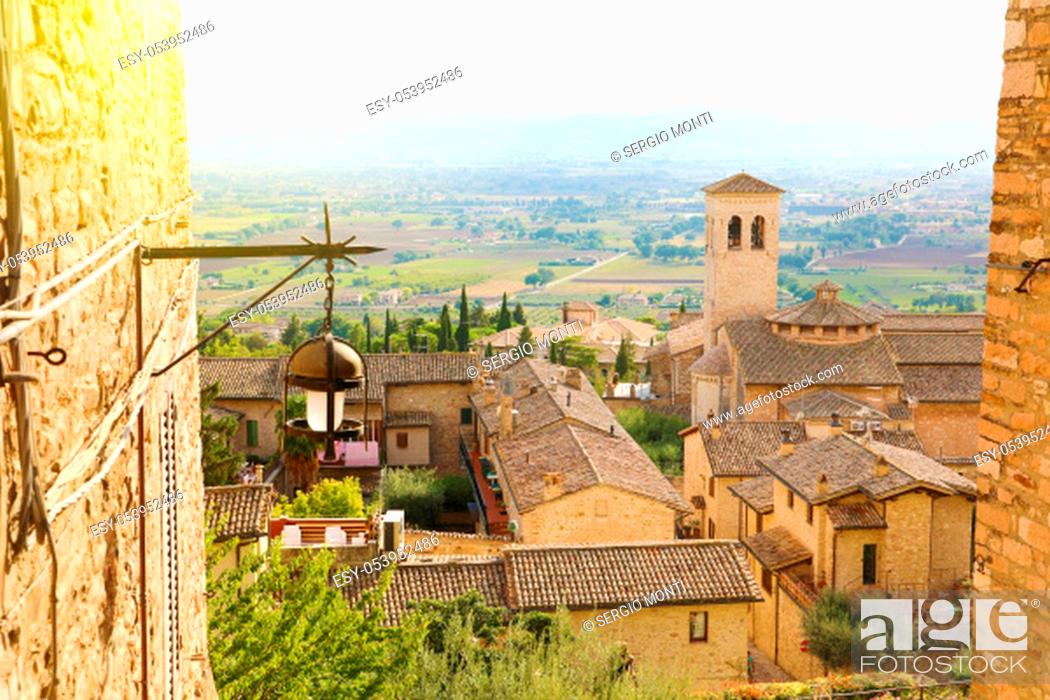Stock Photo: Amazing glimpse view from medieval old Italian city of Assisi, Umbria, Italy.
