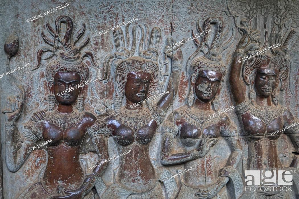 Stock Photo: Aspara sculptures in bas-relief on the wall, in Angkor Wat, Siem Reap, Cambodia.