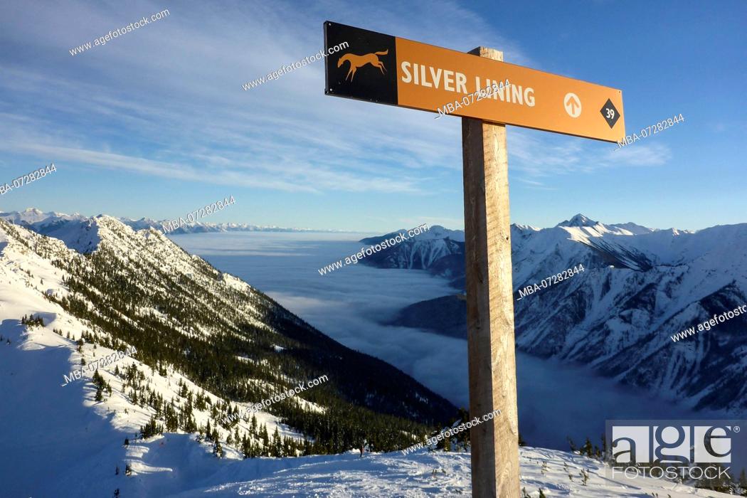 Stock Photo: Canada, Canadian Rocky Mountains, British Columbia, Golden Kicking Horse Mountain Resort, Ski Resort, Silver Lining, Information Sign,.